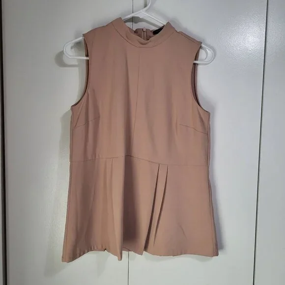 Ann Taylor Sleeveless Mock Neck Tank Blouse with Pleats SZ Small Pinkish Beige - Picture 2 of 10